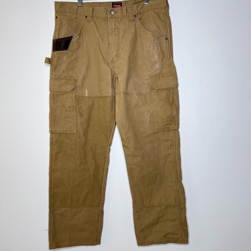 Wrangler Riggs Pants Men 38x30 Khaki Ripstop Cargo Carpenter Work Paint Staining